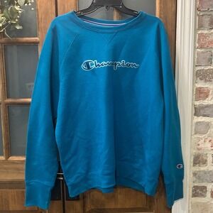 Champion Blue Crewneck Sweatshirt Raglan Sleeve Graphic Logo Activewear‎ 2XL